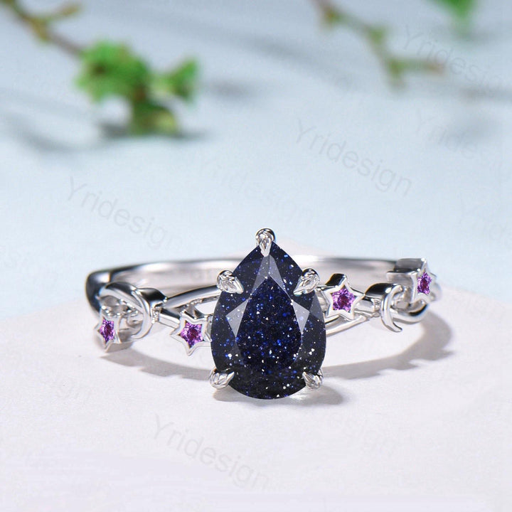 Vintage Pear Shaped Blue Sandstone Engagement Ring Moon Star Cluster Amethyst Wedding Ring Silver Gold Galaxy Leaves Prong Promise Ring - PENFINE