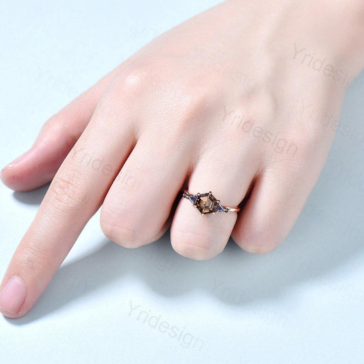 Five Stone Brown Smoky Quartz Engagement Ring Unique Trillion Alexandrite Promise Ring For Women Black Spinel Anniversary Proposal Gift - PENFINE