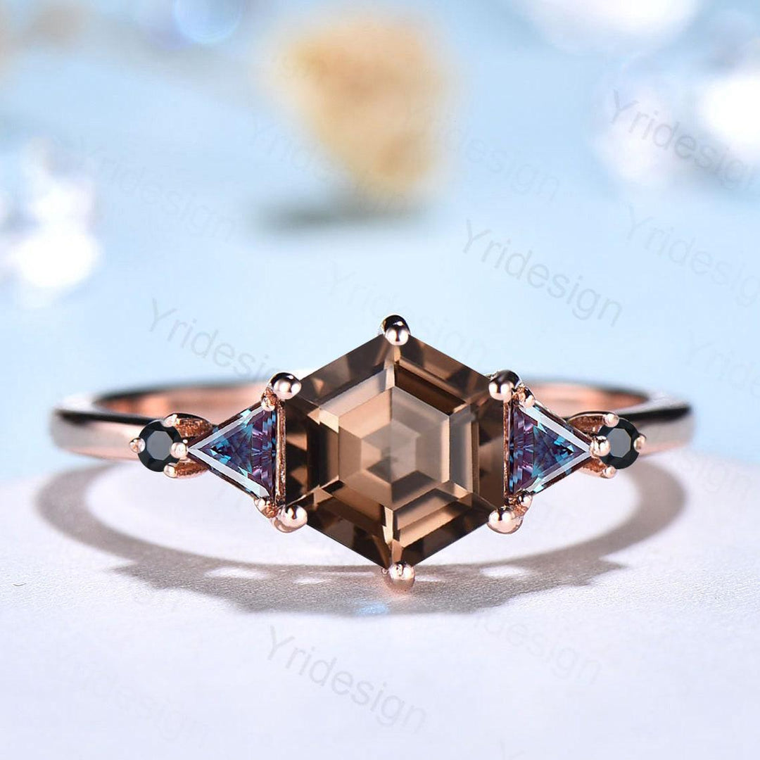 Five Stone Brown Smoky Quartz Engagement Ring Unique Trillion Alexandrite Promise Ring For Women Black Spinel Anniversary Proposal Gift - PENFINE