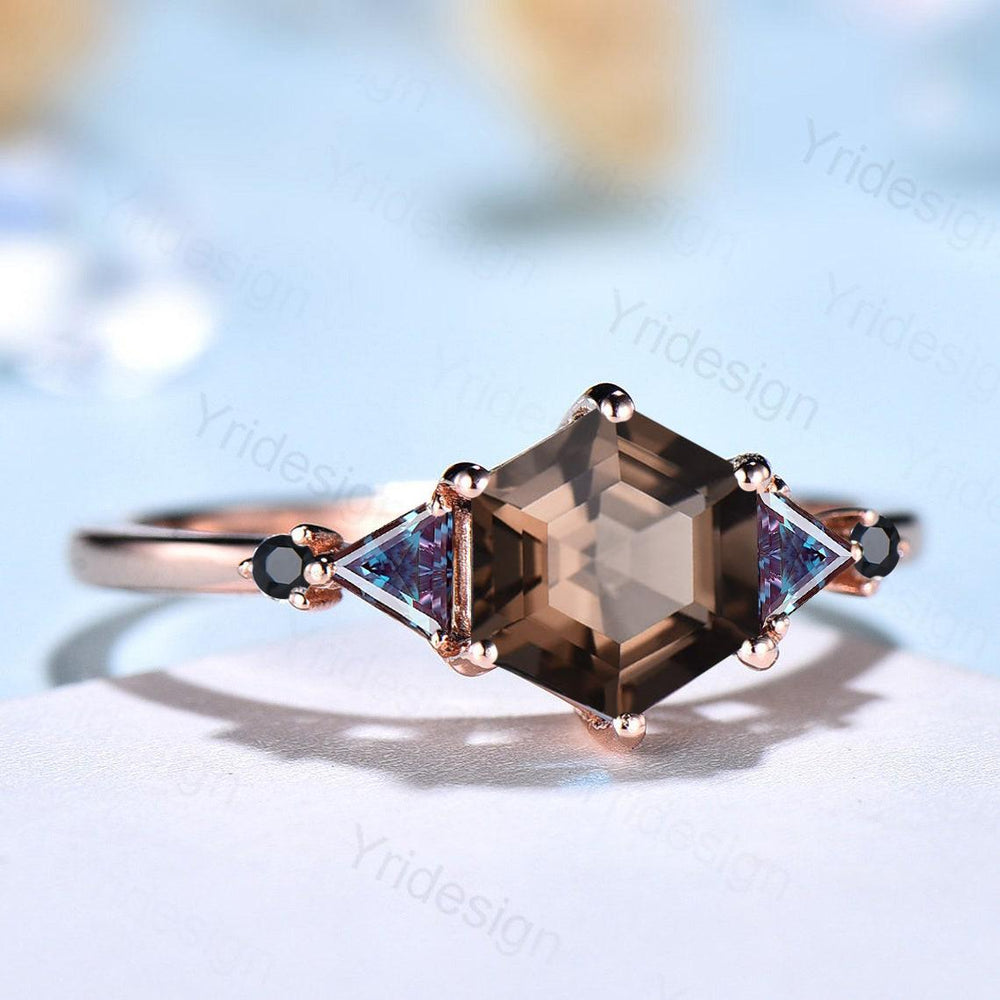 Five Stone Brown Smoky Quartz Engagement Ring Unique Trillion Alexandrite Promise Ring For Women Black Spinel Anniversary Proposal Gift - PENFINE