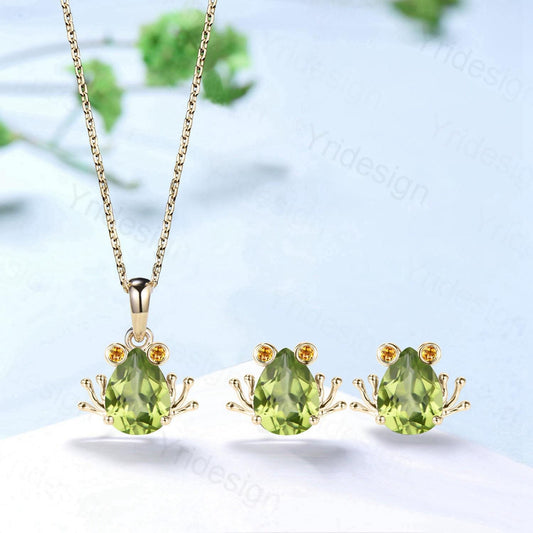 Unique Frog Necklace and Earrings Pear Shaped Natural Peridot Citrine Fine Jewelry Animal Inspired Silver Rose Gold Amphibian Wedding Set - PENFINE