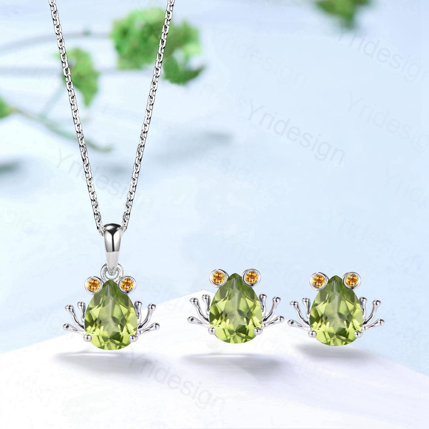 Unique Frog Necklace and Earrings Pear Shaped Natural Peridot Citrine Fine Jewelry Animal Inspired Silver Rose Gold Amphibian Wedding Set - PENFINE