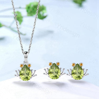 Unique Frog Necklace and Earrings Pear Shaped Natural Peridot Citrine Fine Jewelry Animal Inspired Silver Rose Gold Amphibian Wedding Set - PENFINE