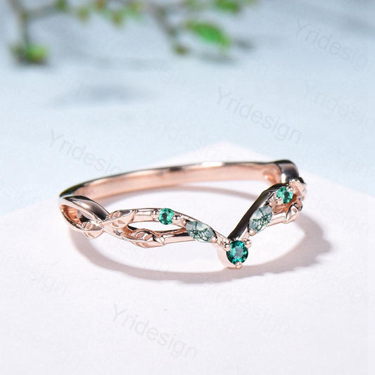 Vintage Curved Marquise Moss Agate Wedding Band Art Deco Leaf Vine Emerald Stackable Matching Band Evil Eye Wedding Ring Anniversary Gifts - PENFINE