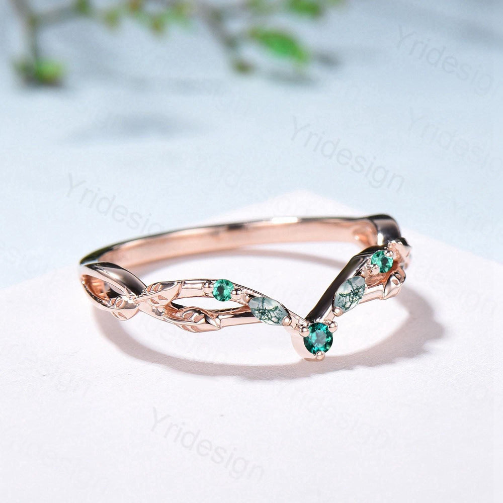 Vintage Curved Marquise Moss Agate Wedding Band Art Deco Leaf Vine Emerald  Stackable Matching Band Evil Eye Wedding Ring Anniversary Gifts - PENFINE