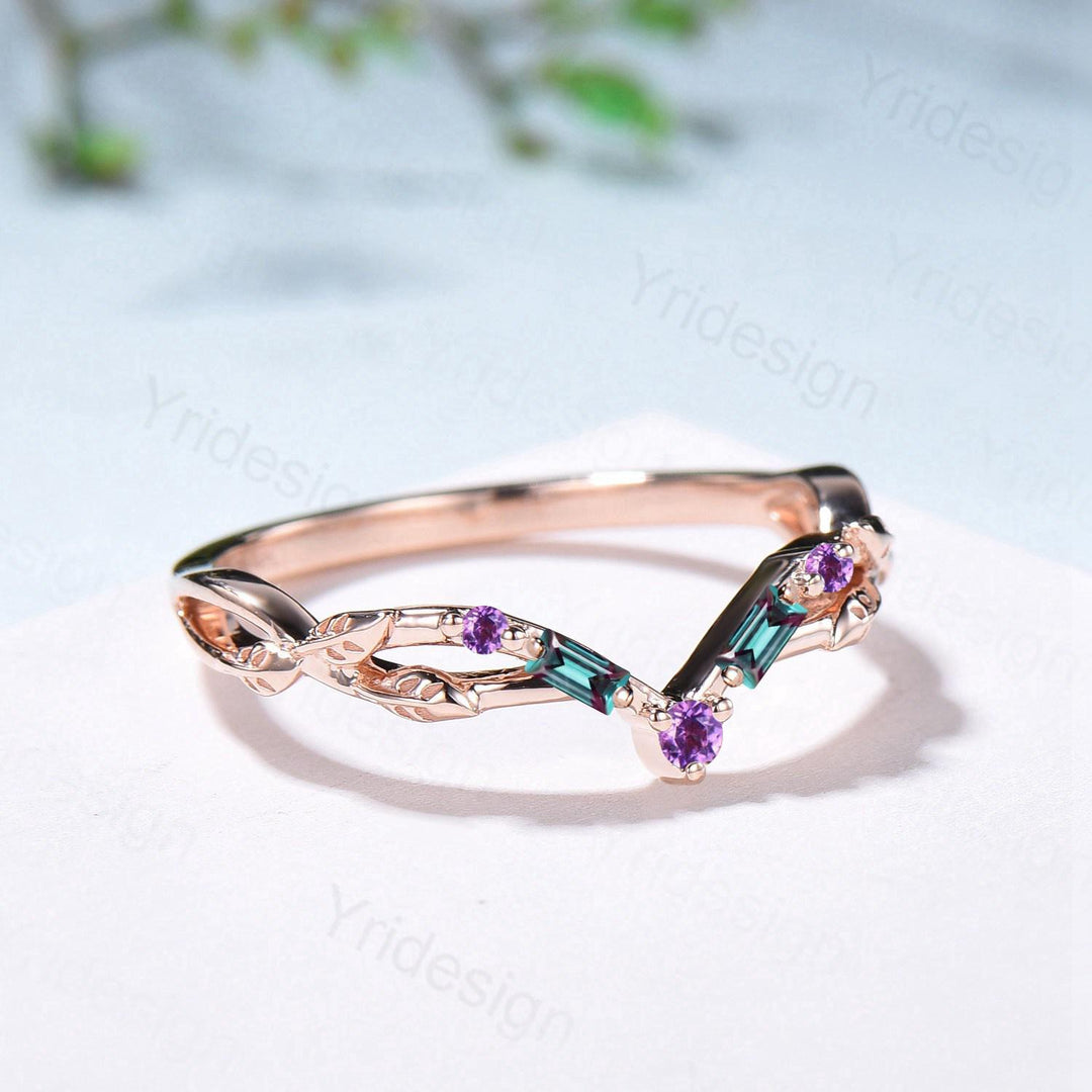 Vintage Curved Baguette Alexandrite Wedding Band Leaf Vine Amethyst Wedding Ring Stackable Matching Band Evil Eye Anniversary Promise Gift - PENFINE