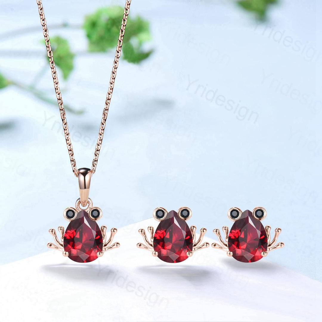 Handmade Rose Gold Garnet Frog Necklace & Spinel Earrings Set - PENFINE