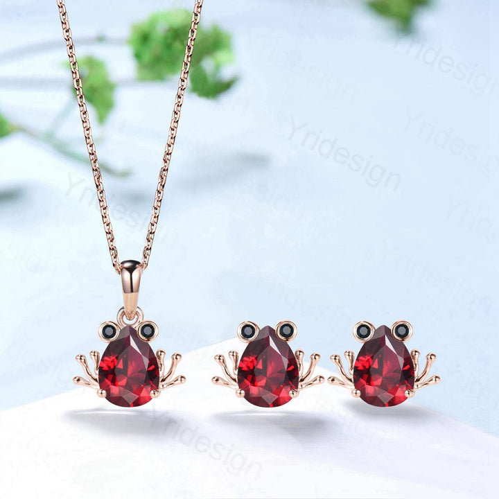Handmade Rose Gold Garnet Frog Necklace & Spinel Earrings Set - PENFINE