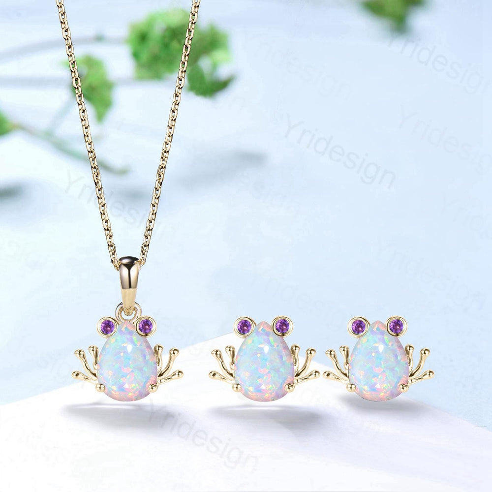 Unique Pear Shaped White Opal Frog Necklace Animal Inspired Frog Opal Amethyst Earring Silver Rose Gold Cute Amphibian Jewelry Wedding Set - PENFINE