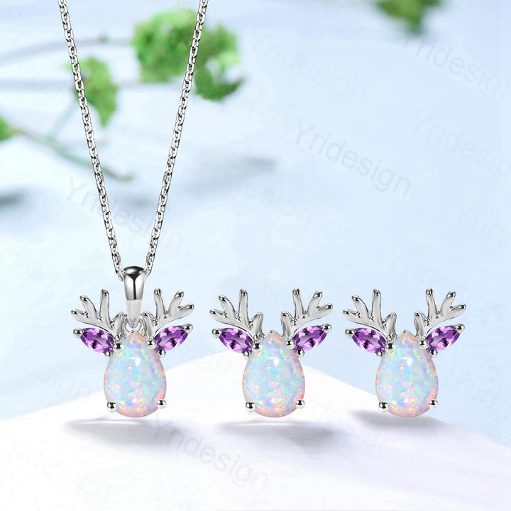 Elegant Pear Cut White Opal Antler Necklace Animal Inspired Marquise Amethyst Opal Earring Silver Rose Gold Deer Antler Jewelry - PENFINE