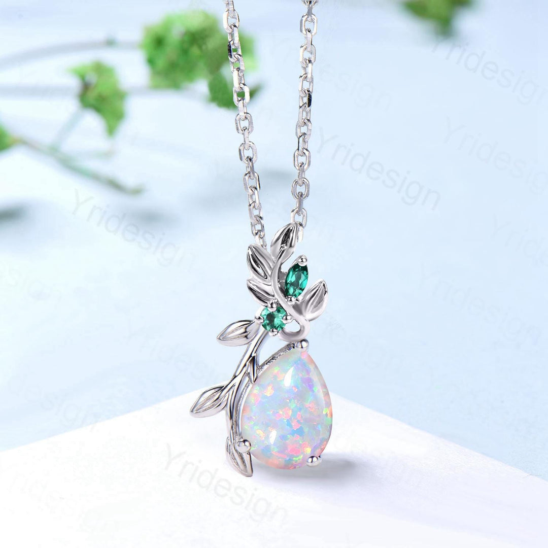 Elegant Pear Shaped White Opal Pendant Necklace fire opal leaf branch necklace Twisted nature inspired October birthstone anniversary gifts - PENFINE