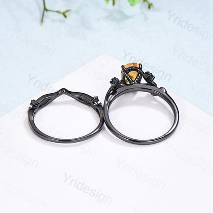 Unique black gold citrine ring set Nature Inspired yellow citrine engagement ring vintage Leaf branch wedding ring set November birthstone - PENFINE