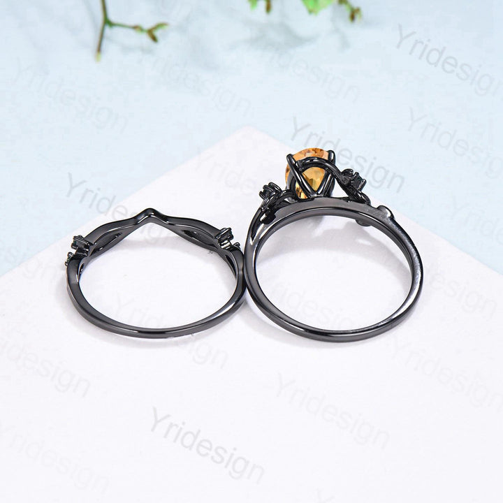 Unique black gold citrine ring set Nature Inspired yellow citrine engagement ring vintage Leaf branch wedding ring set November birthstone - PENFINE