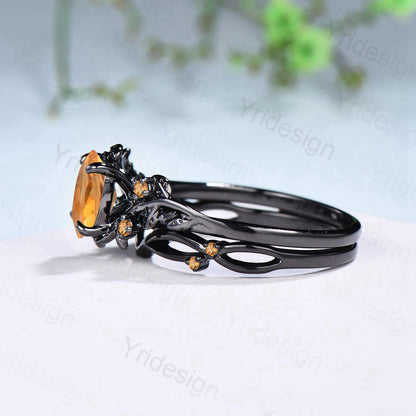 Unique black gold citrine ring set Nature Inspired yellow citrine engagement ring vintage Leaf branch wedding ring set November birthstone - PENFINE