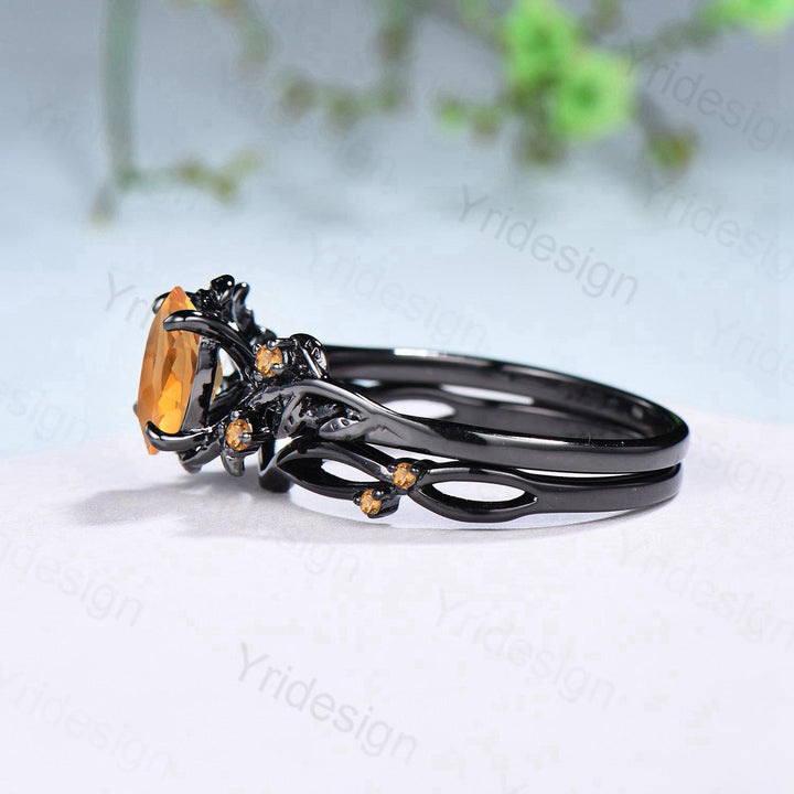 Unique black gold citrine ring set Nature Inspired yellow citrine engagement ring vintage Leaf branch wedding ring set November birthstone - PENFINE