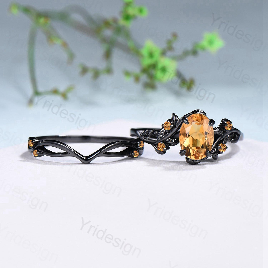Unique black gold citrine ring set Nature Inspired yellow citrine engagement ring vintage Leaf branch wedding ring set November birthstone - PENFINE