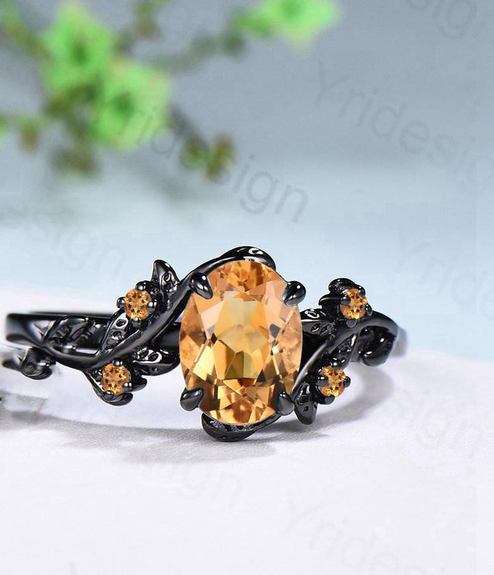 Unique black gold citrine ring set Nature Inspired yellow citrine engagement ring vintage Leaf branch wedding ring set November birthstone - PENFINE