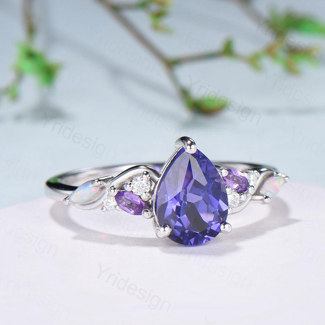 Celestial Tear Purple Sapphire Ring - Deep Purple & Iridescent Opal - PENFINE