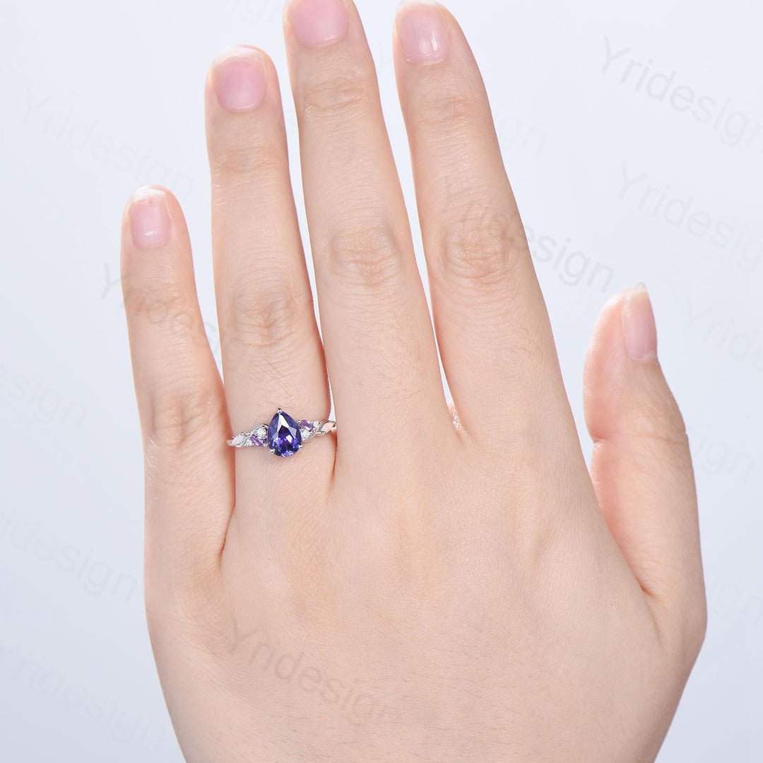 Celestial Tear Purple Sapphire Ring - Deep Purple & Iridescent Opal - PENFINE
