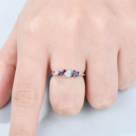 Vintage Multi Stone Ring Pear and Marquise Opal Wedding Ring Baguette Sapphire Wedding Band Unique Ruby Stacking Matching band Birthday Gift - PENFINE