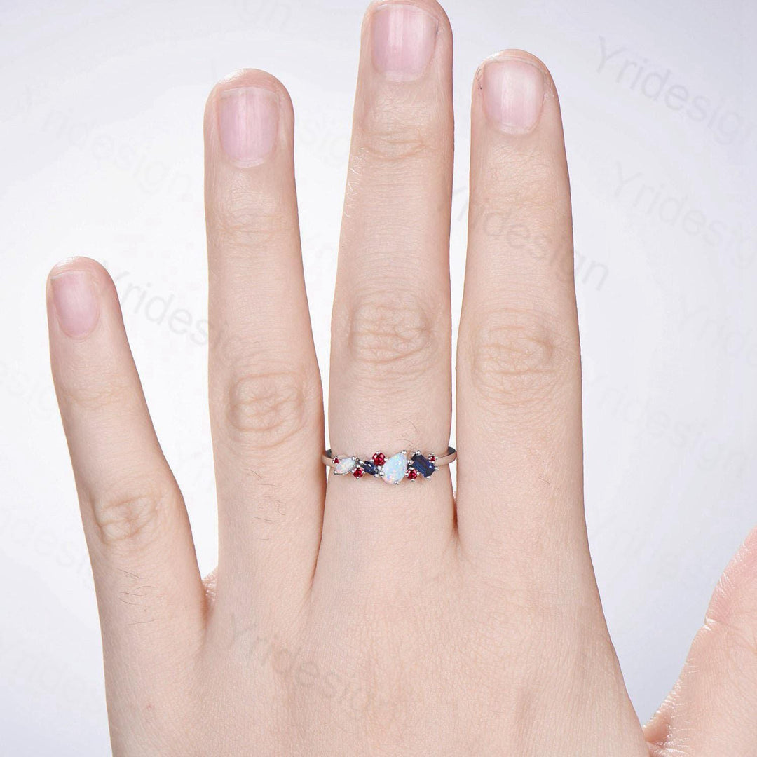 Vintage Multi Stone Ring Pear and Marquise Opal Wedding Ring Baguette Sapphire Wedding Band Unique Ruby Stacking Matching band Birthday Gift - PENFINE
