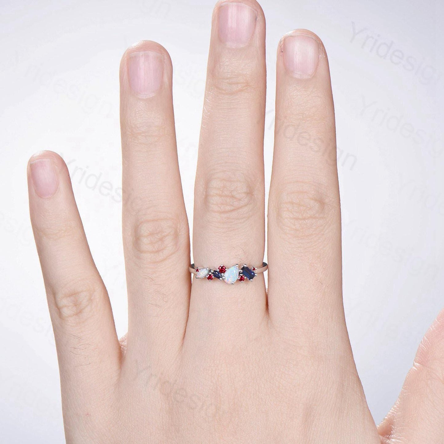 Vintage Multi Stone Ring Pear and Marquise Opal Wedding Ring Baguette Sapphire Wedding Band Unique Ruby Stacking Matching band Birthday Gift - PENFINE