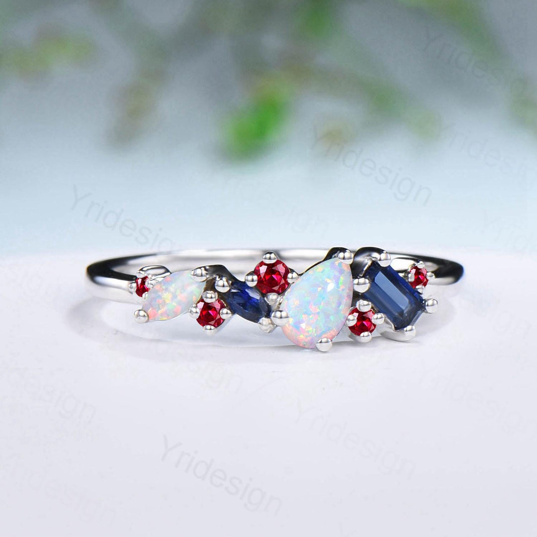 Vintage Multi Stone Ring Pear and Marquise Opal Wedding Ring Baguette Sapphire Wedding Band Unique Ruby Stacking Matching band Birthday Gift - PENFINE