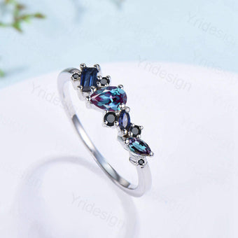 Vintage Multi Stone Ring, Pear and Marquise Alexandrite Wedding Ring, Baguette Sapphire Wedding Band, Unique Spinel Stacking Matching Band - PENFINE