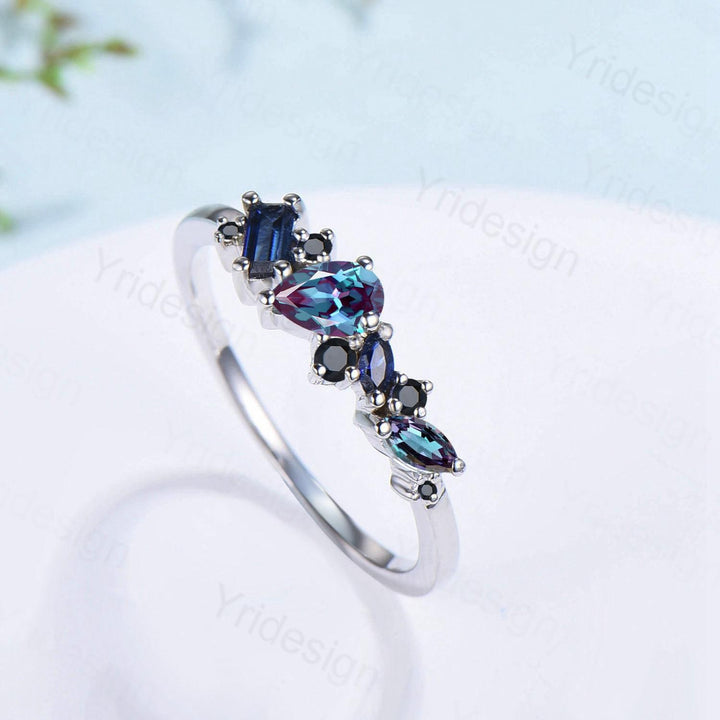 Vintage Multi Stone Ring, Pear and Marquise Alexandrite Wedding Ring, Baguette Sapphire Wedding Band, Unique Spinel Stacking Matching Band - PENFINE