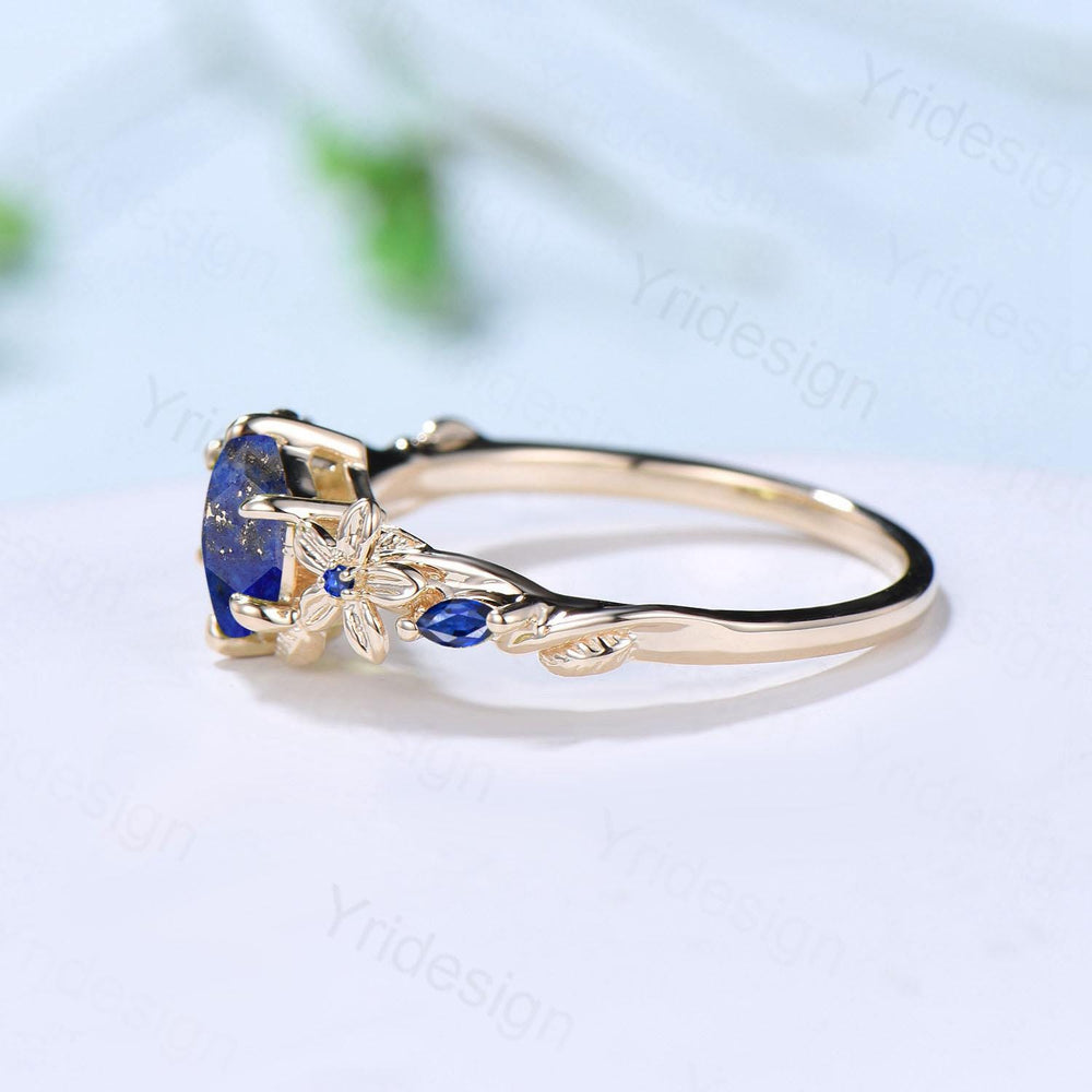 Vintage Lapis Lazuli Ring Floral Hexagon Cut Lapis Lazuli Engagement Ring 14K Yellow Gold Leaves Twisted Garden Inspired Wedding Ring Women - PENFINE