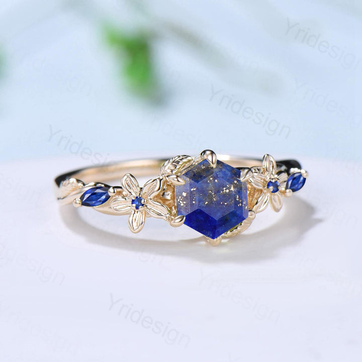 Vintage Lapis Lazuli Ring Floral Hexagon Cut Lapis Lazuli Engagement Ring 14K Yellow Gold Leaves Twisted Garden Inspired Wedding Ring Women - PENFINE