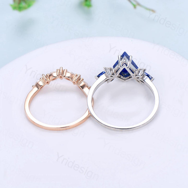 Vintage Lapis Lazuli Engagement Ring Set Kite Cut Unique Cluster Sapphire Seven Stone Lapis Lazuli Bridal Ring Set Anniversary Promise Gift - PENFINE