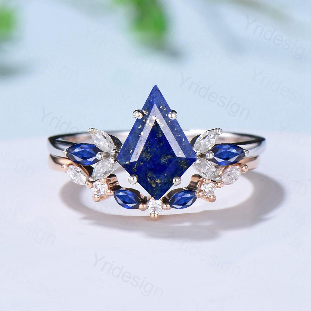 Vintage Lapis Lazuli Engagement Ring Set Kite Cut Unique Cluster Sapphire Seven Stone Lapis Lazuli Bridal Ring Set Anniversary Promise Gift - PENFINE