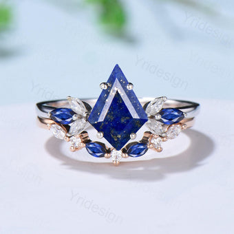 Vintage Lapis Lazuli Engagement Ring Set Kite Cut Unique Cluster Sapphire Seven Stone Lapis Lazuli Bridal Ring Set Anniversary Promise Gift - PENFINE