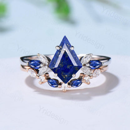 Vintage Lapis Lazuli Engagement Ring Set Kite Cut Unique Cluster Sapphire Seven Stone Lapis Lazuli Bridal Ring Set Anniversary Promise Gift - PENFINE