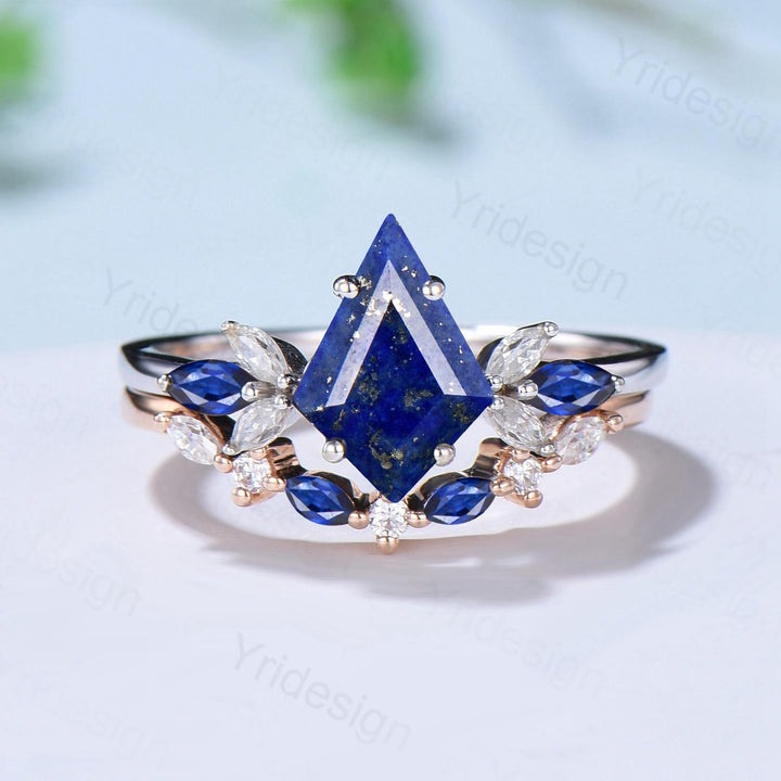 Vintage Lapis Lazuli Engagement Ring Set Kite Cut Unique Cluster Sapphire Seven Stone Lapis Lazuli Bridal Ring Set Anniversary Promise Gift - PENFINE