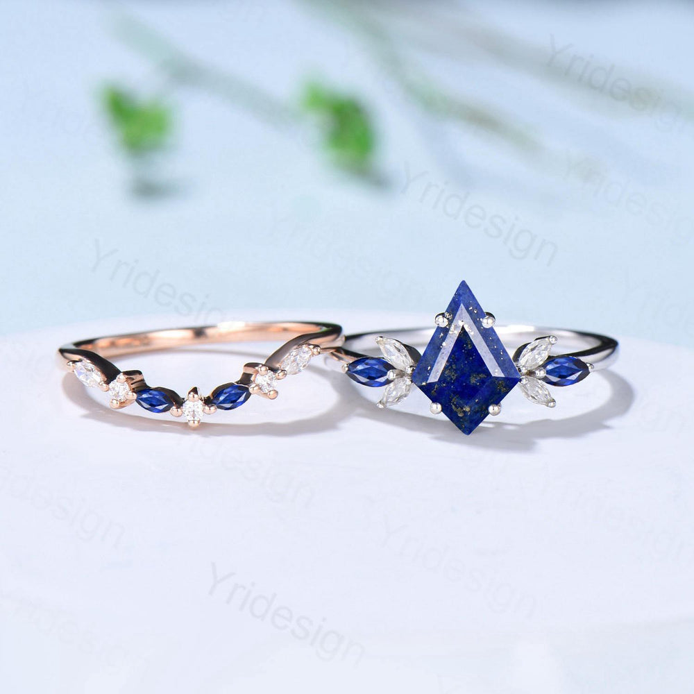 Vintage Lapis Lazuli Engagement Ring Set Kite Cut Unique Cluster Sapphire Seven Stone Lapis Lazuli Bridal Ring Set Anniversary Promise Gift - PENFINE