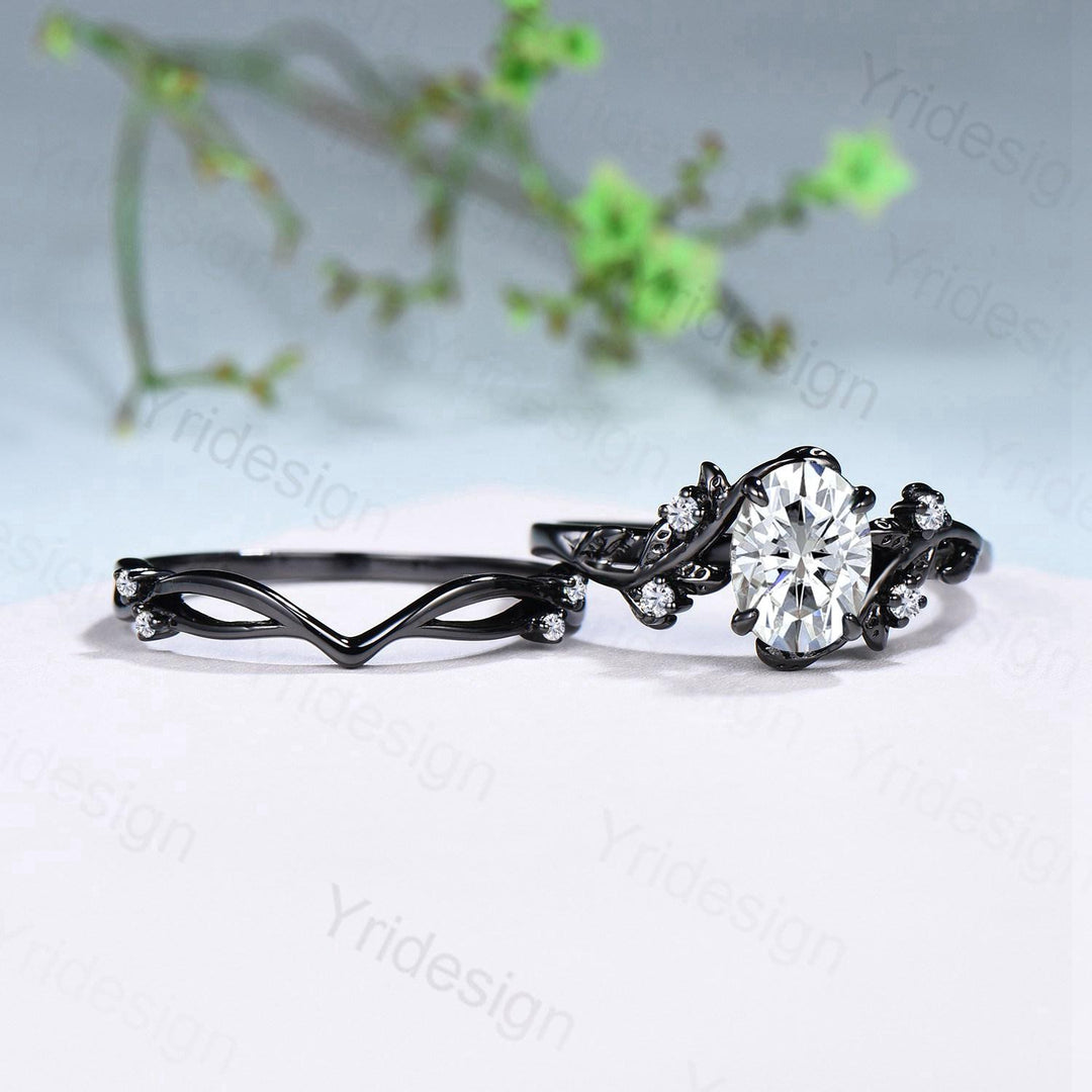Nature Inspired black gold oval moissanite wedding ring set cluster branch leaf engagement ring vintage anniversary promise gift for fiancee - PENFINE
