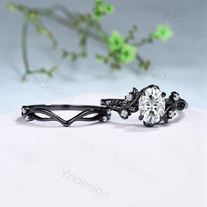 Nature Inspired black gold oval moissanite wedding ring set cluster branch leaf engagement ring vintage anniversary promise gift for fiancee - PENFINE