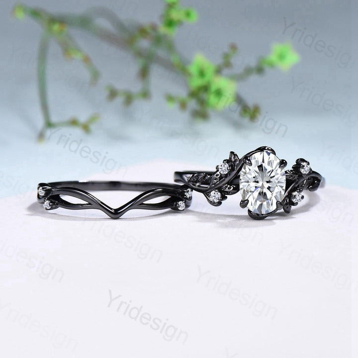Nature Inspired black gold oval moissanite wedding ring set cluster branch leaf engagement ring vintage anniversary promise gift for fiancee - PENFINE