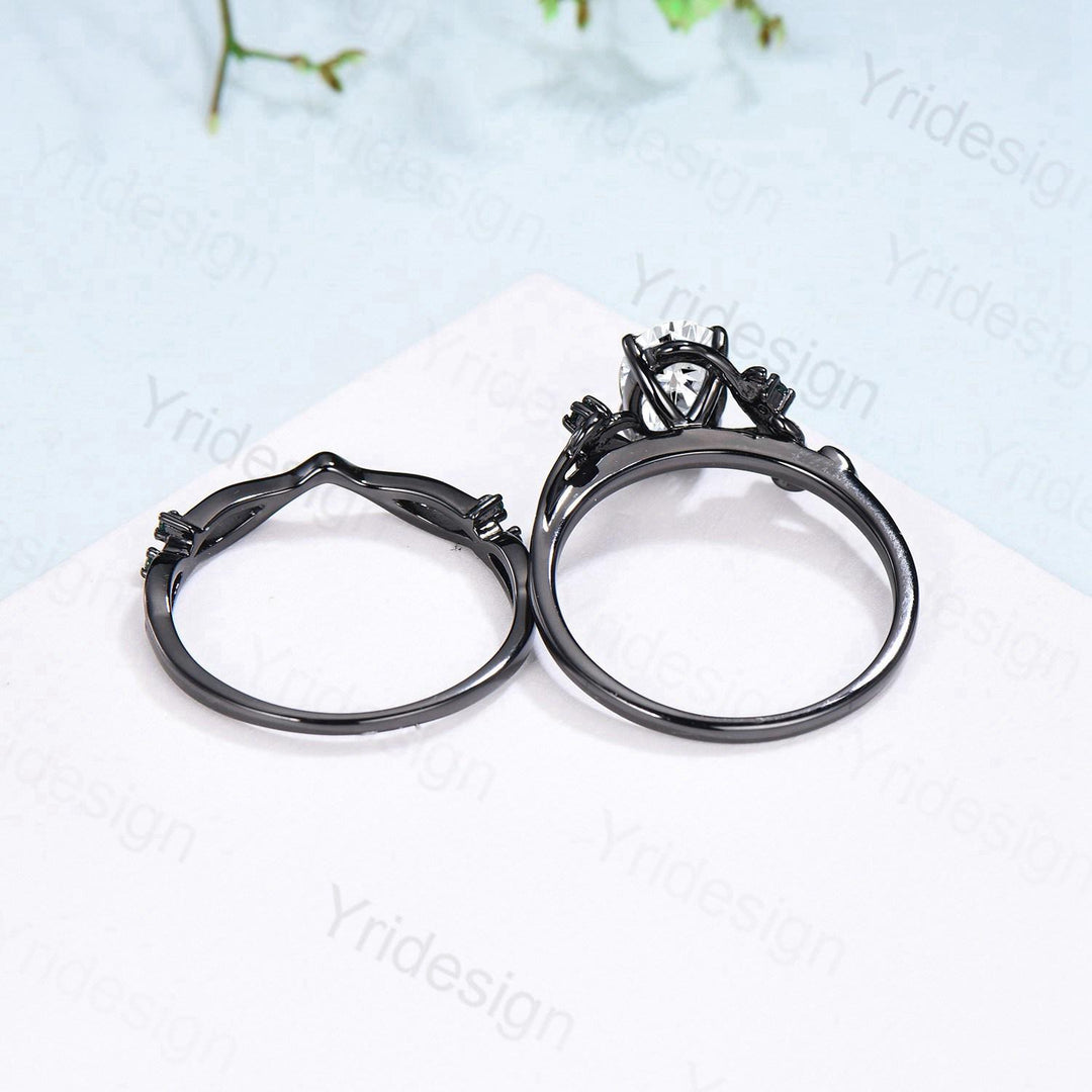 Nature Inspired black gold oval moissanite wedding ring set cluster branch leaf engagement ring vintage anniversary promise gift for fiancee - PENFINE