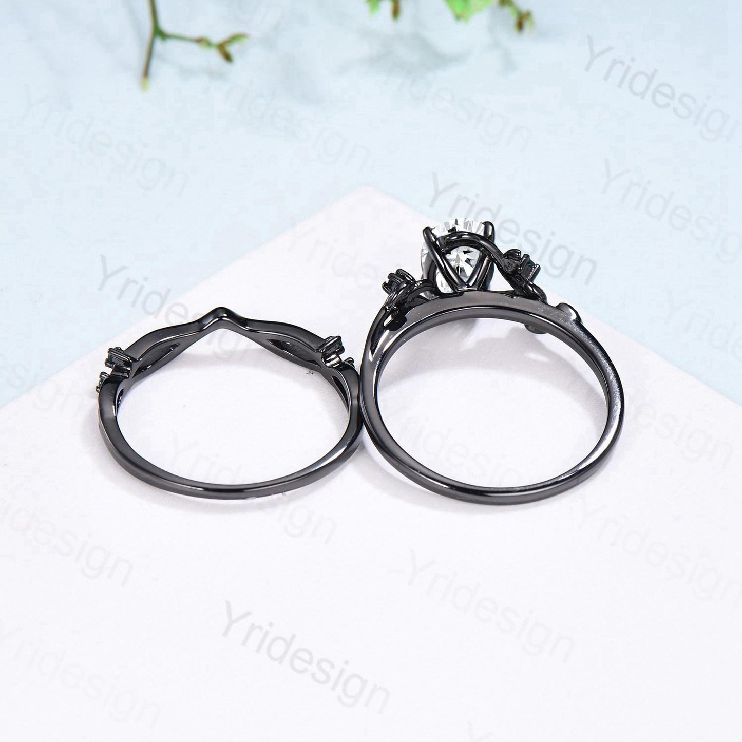 Nature Inspired black gold oval moissanite wedding ring set cluster branch leaf engagement ring vintage anniversary promise gift for fiancee - PENFINE