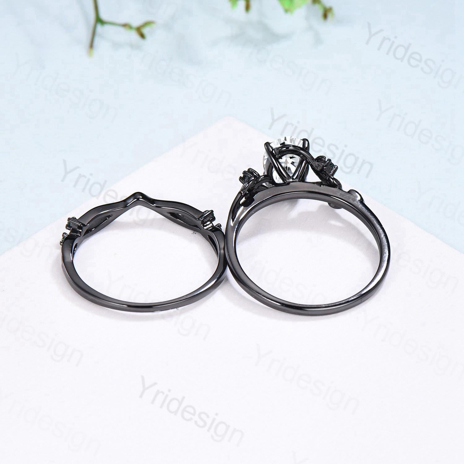Nature Inspired black gold oval moissanite wedding ring set cluster branch leaf engagement ring vintage anniversary promise gift for fiancee - PENFINE