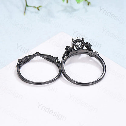 Nature Inspired black gold oval moissanite wedding ring set cluster branch leaf engagement ring vintage anniversary promise gift for fiancee - PENFINE