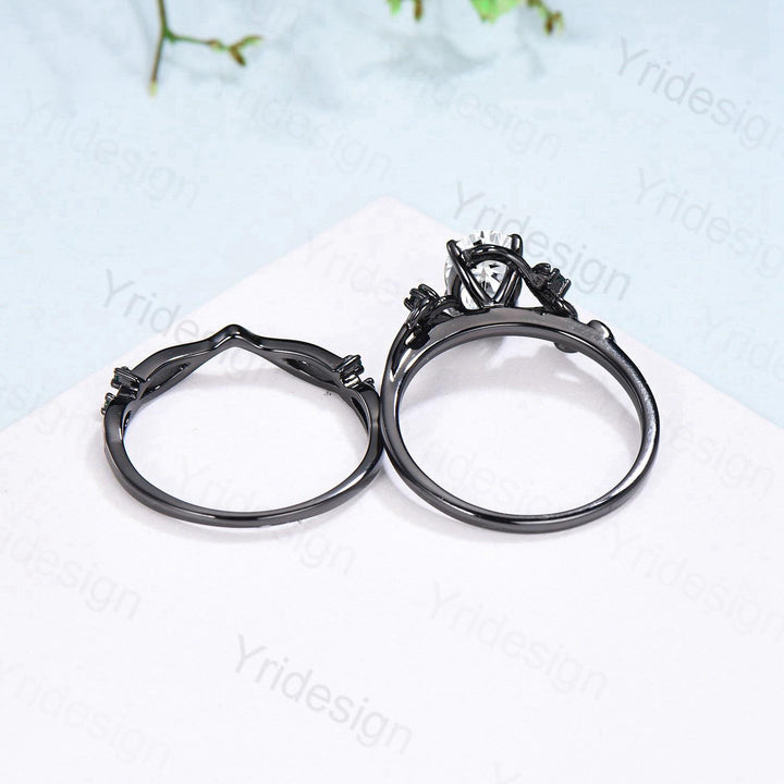 Nature Inspired black gold oval moissanite wedding ring set cluster branch leaf engagement ring vintage anniversary promise gift for fiancee - PENFINE