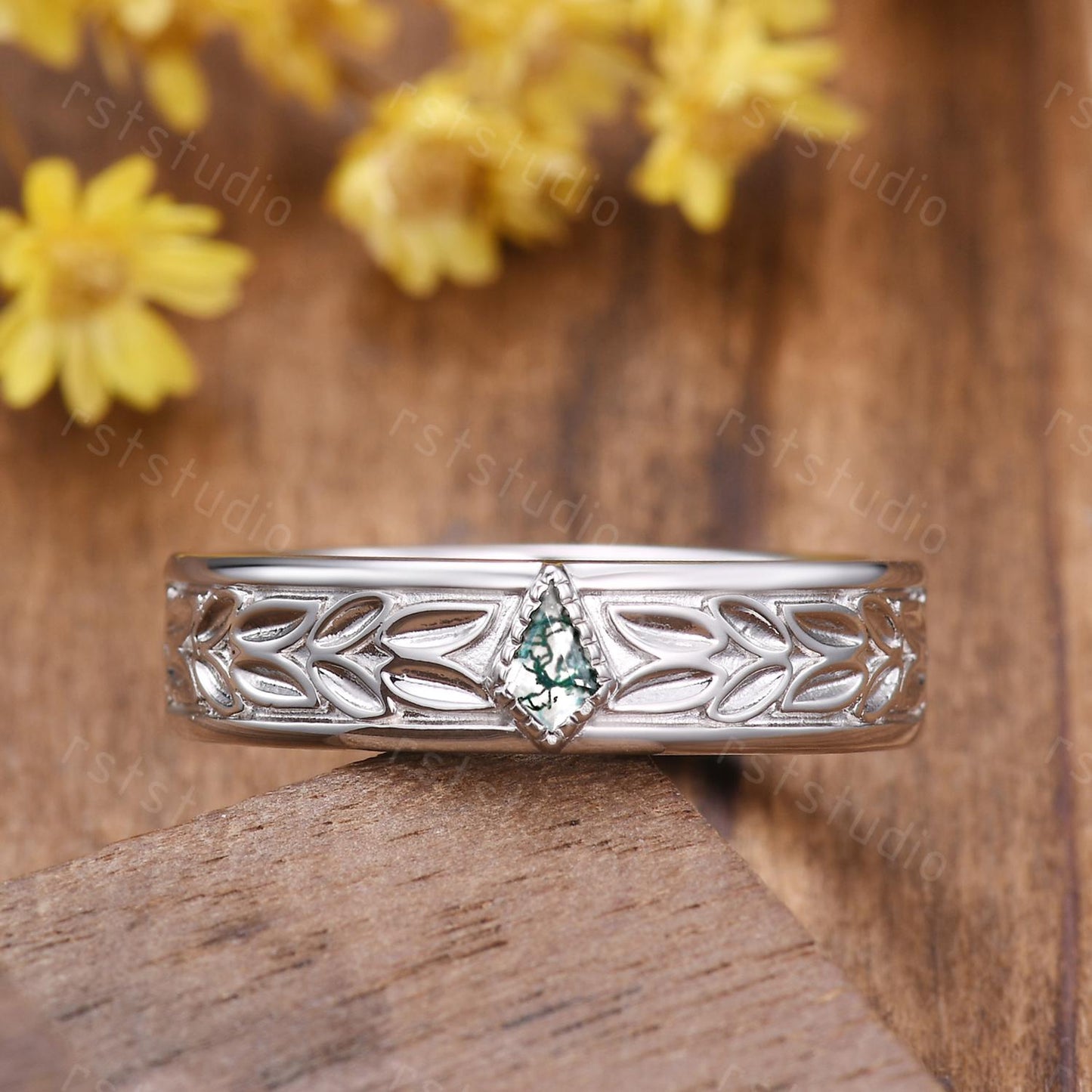 Moss Agate Leaves Wedding Band: Nature Inspired Sterling Silver Ring