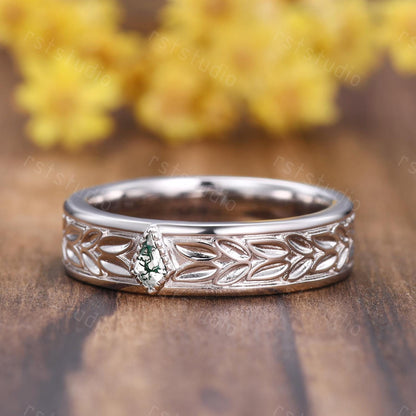 Moss Agate Leaves Wedding Band: Nature Inspired Sterling Silver Ring