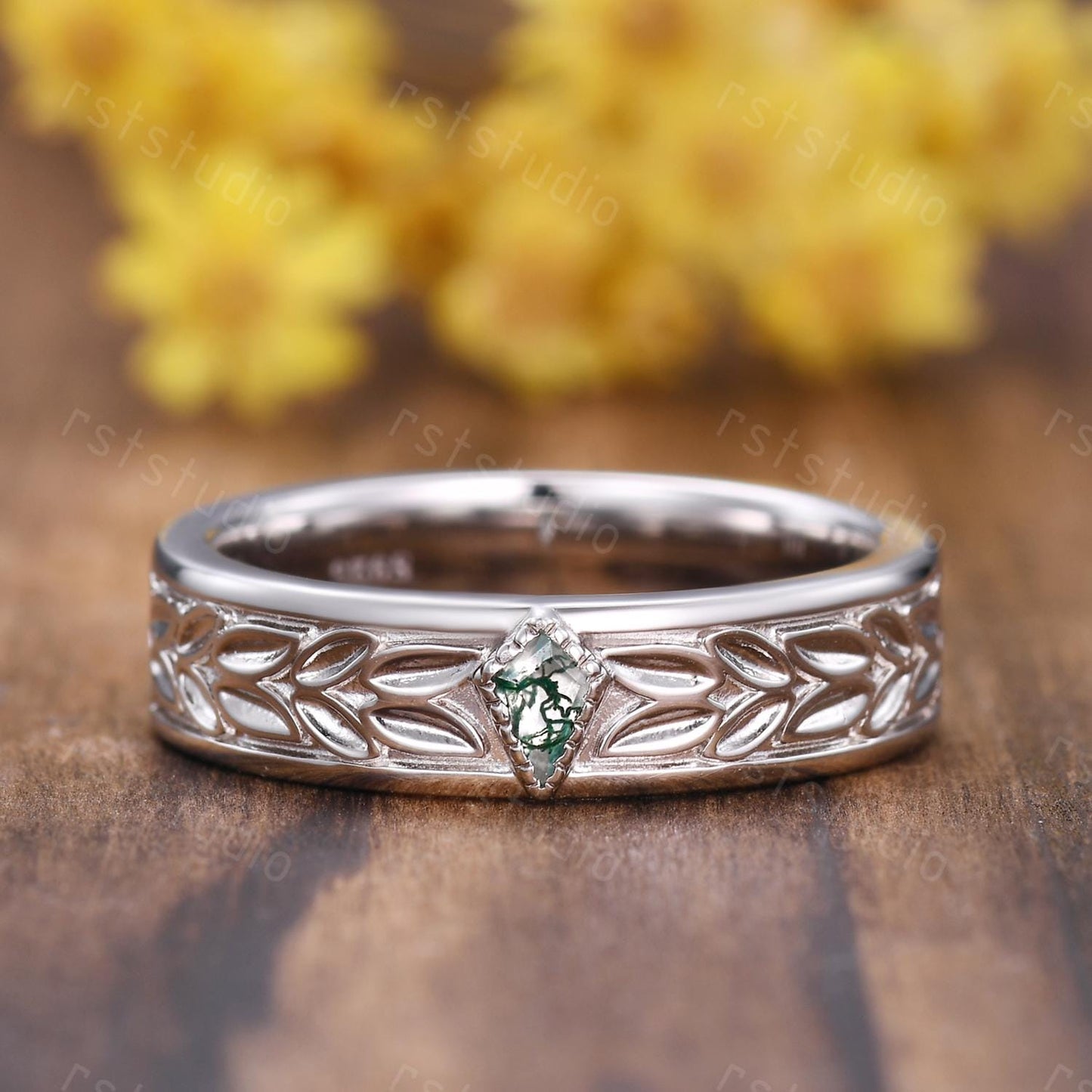 Moss Agate Leaves Wedding Band: Nature Inspired Sterling Silver Ring