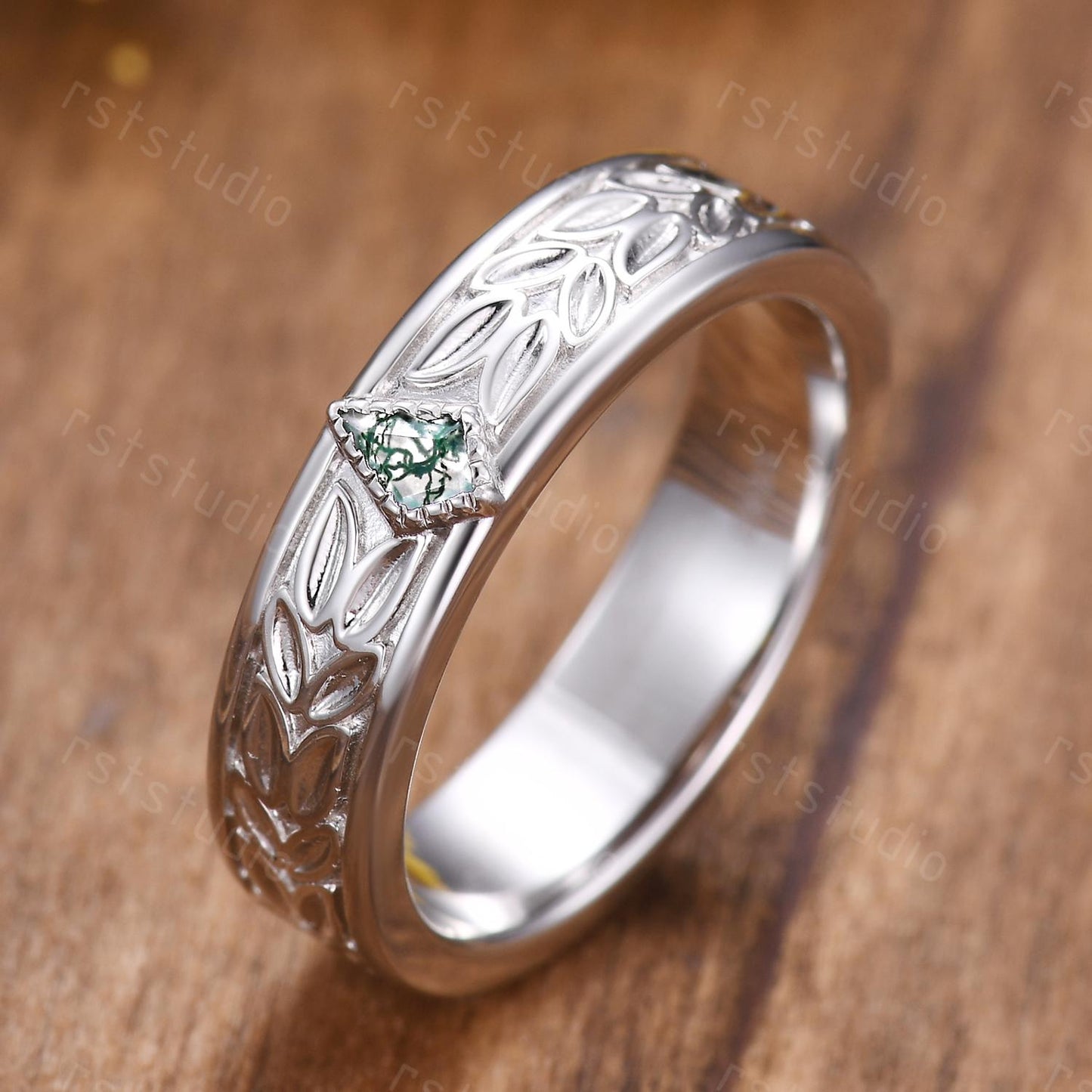 Moss Agate Leaves Wedding Band: Nature Inspired Sterling Silver Ring