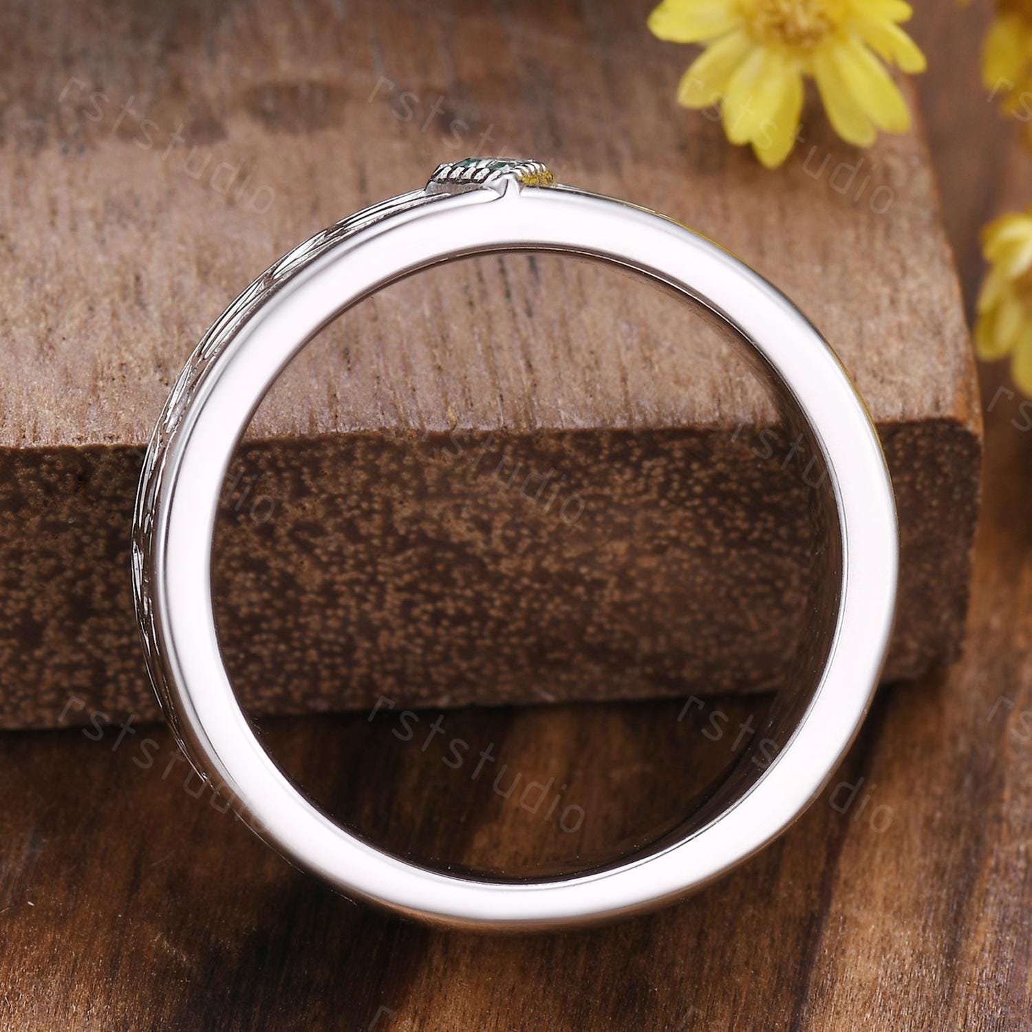 Moss Agate Leaves Wedding Band: Nature Inspired Sterling Silver Ring